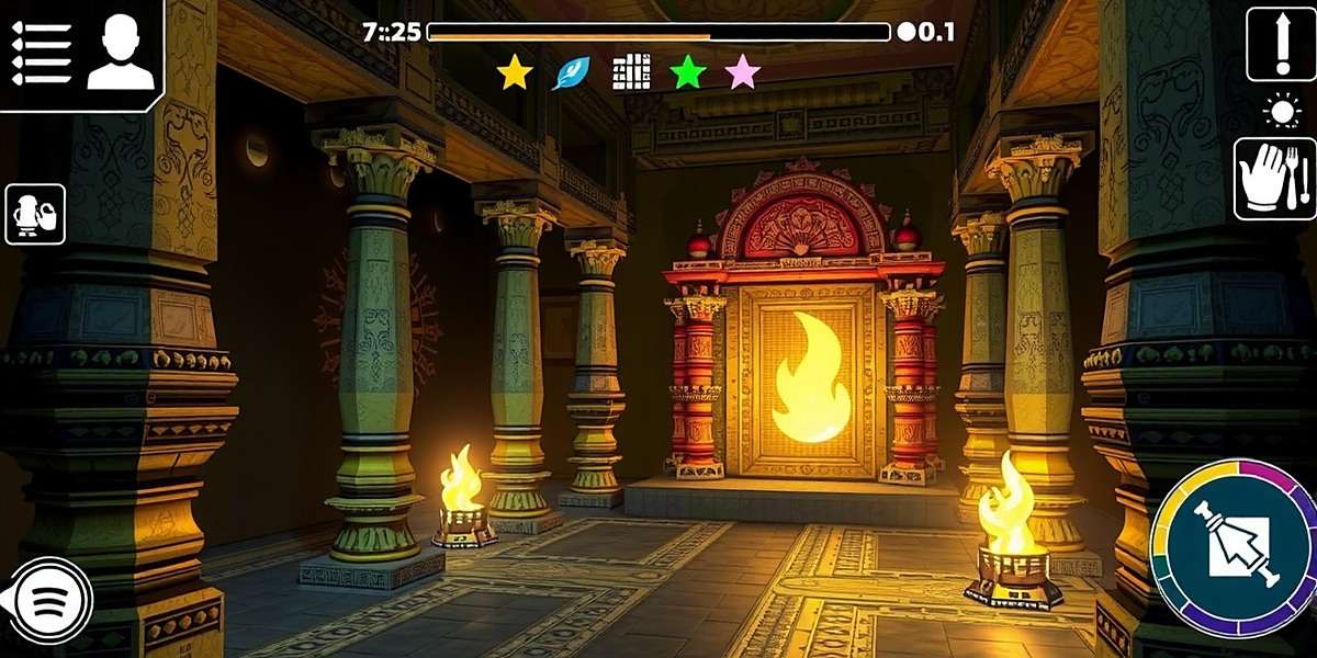 Sanctum Sprint game screenshot showing ancient Indian temple interior with glowing artifacts